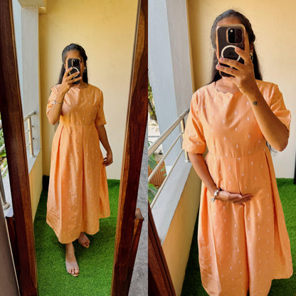 Feeding-Handloom Silk Cotton Maxi dress with Scallop neck FC0203