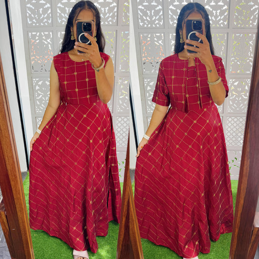 Red-NEW Festive Raw Silk Maxi with Detachable Overcoat- Feeding/Non Feeding FC0177