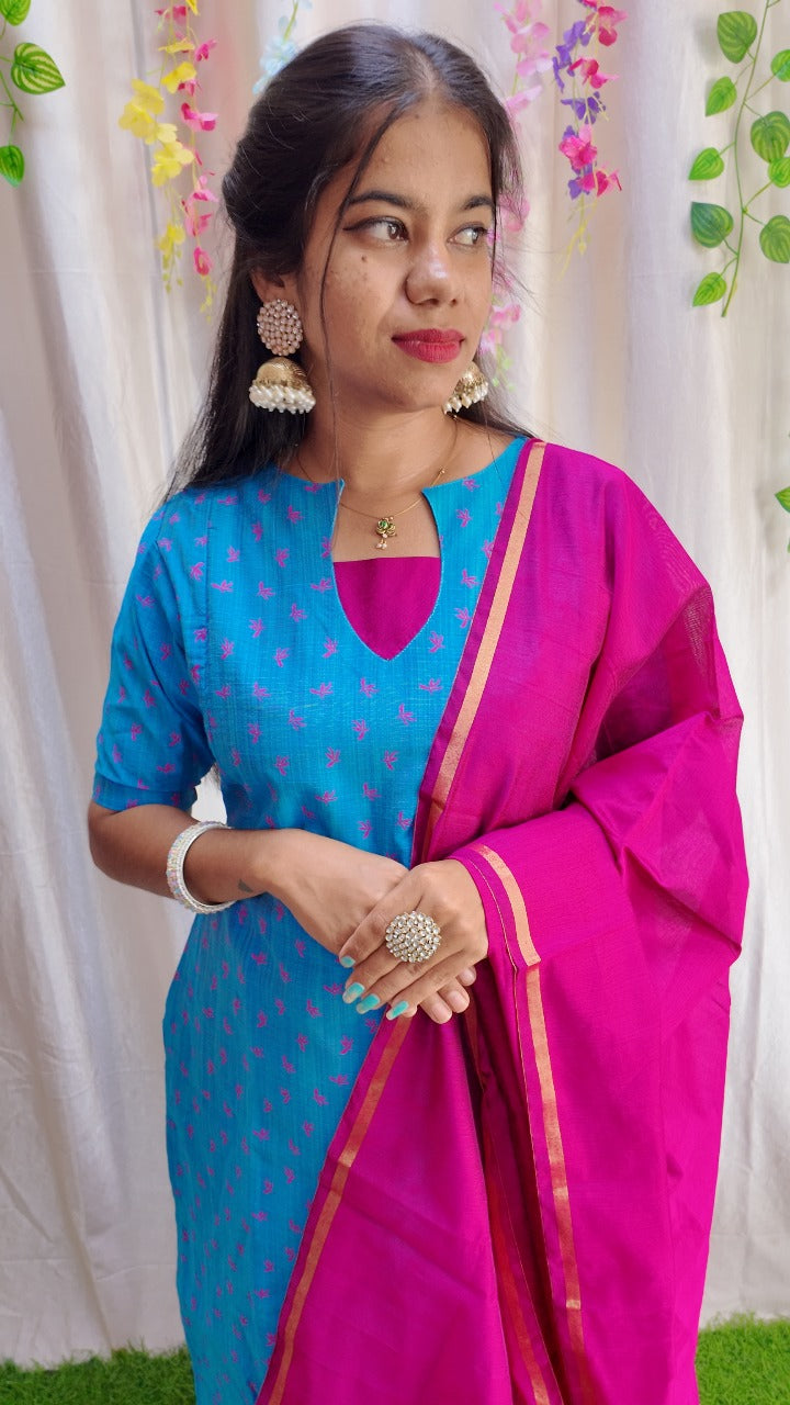 Sara Blue-Premium Raw Silk Printed Salwar Set-(Top,Bottom,Duppatta)- Feeding FC0303