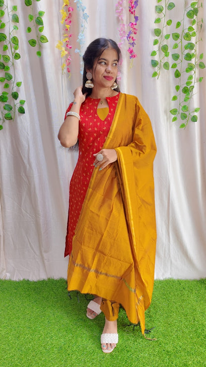 Sara Red-Premium Raw Silk Printed Salwar Set-(Top,Bottom,Duppatta)- Feeding FC0304