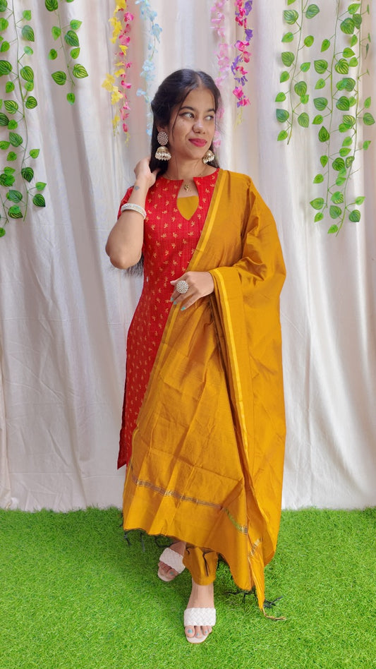 Sara Red-Premium Raw Silk Printed Salwar Set-(Top,Bottom,Duppatta)- Feeding FC0304
