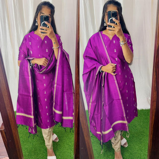 Premium Raw Silk Salwar Set-(Top,Bottom,Duppatta)- Feeding Purple FC0272