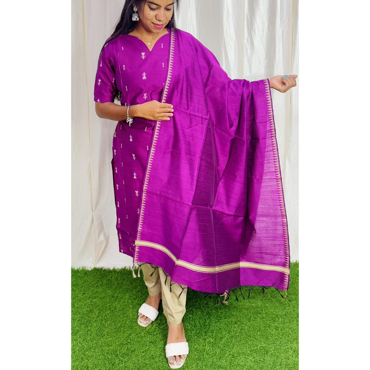 Premium Raw Silk Printed Salwar Set-(Top,Bottom,Duppatta)- Feeding/Non Feeding Purple