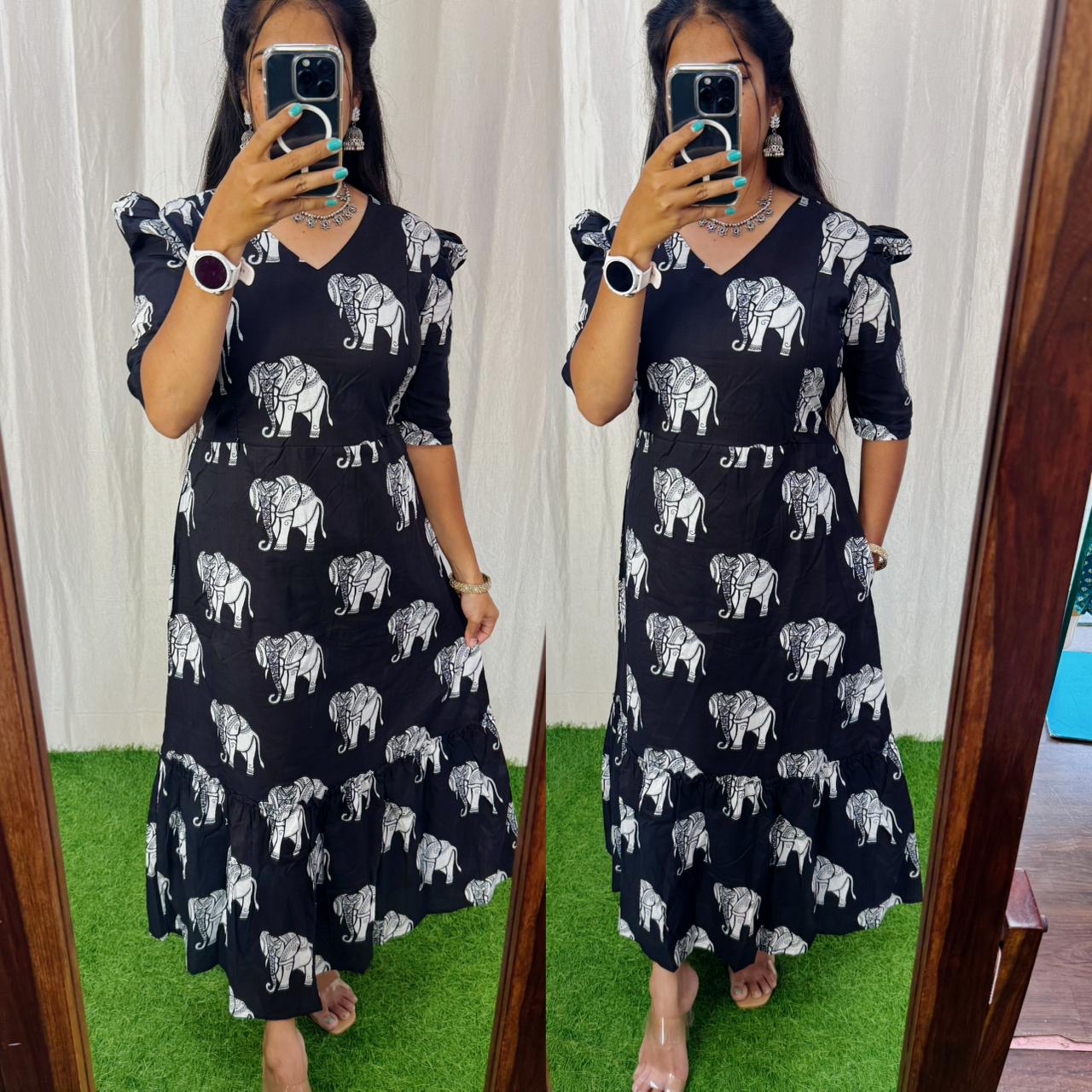 Premium Cotton Printed Aline Dress with Cotton lining (Back Elastic)FC0032