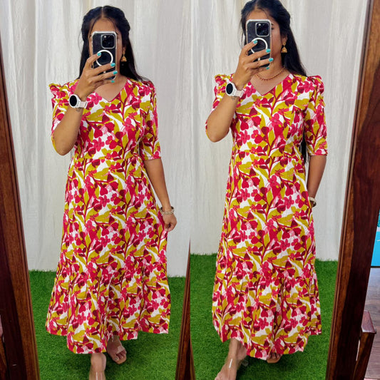 Premium Cotton Printed Aline Dress with Cotton lining (Back Elastic)