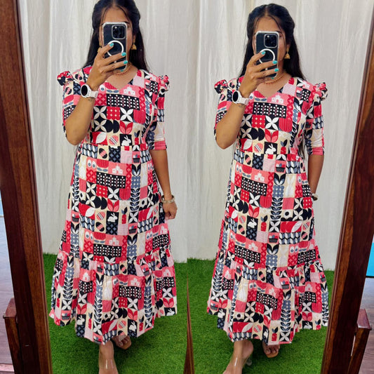 Premium Cotton Printed Aline Dress with Cotton lining (Back Elastic)