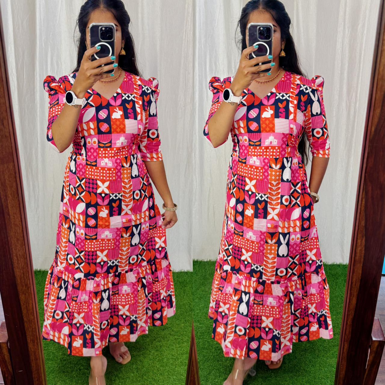 Premium Cotton Printed Aline Dress with Cotton lining (Back Elastic)