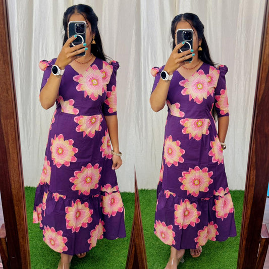 Premium Cotton Printed Aline Dress with Cotton lining (Back Elastic)