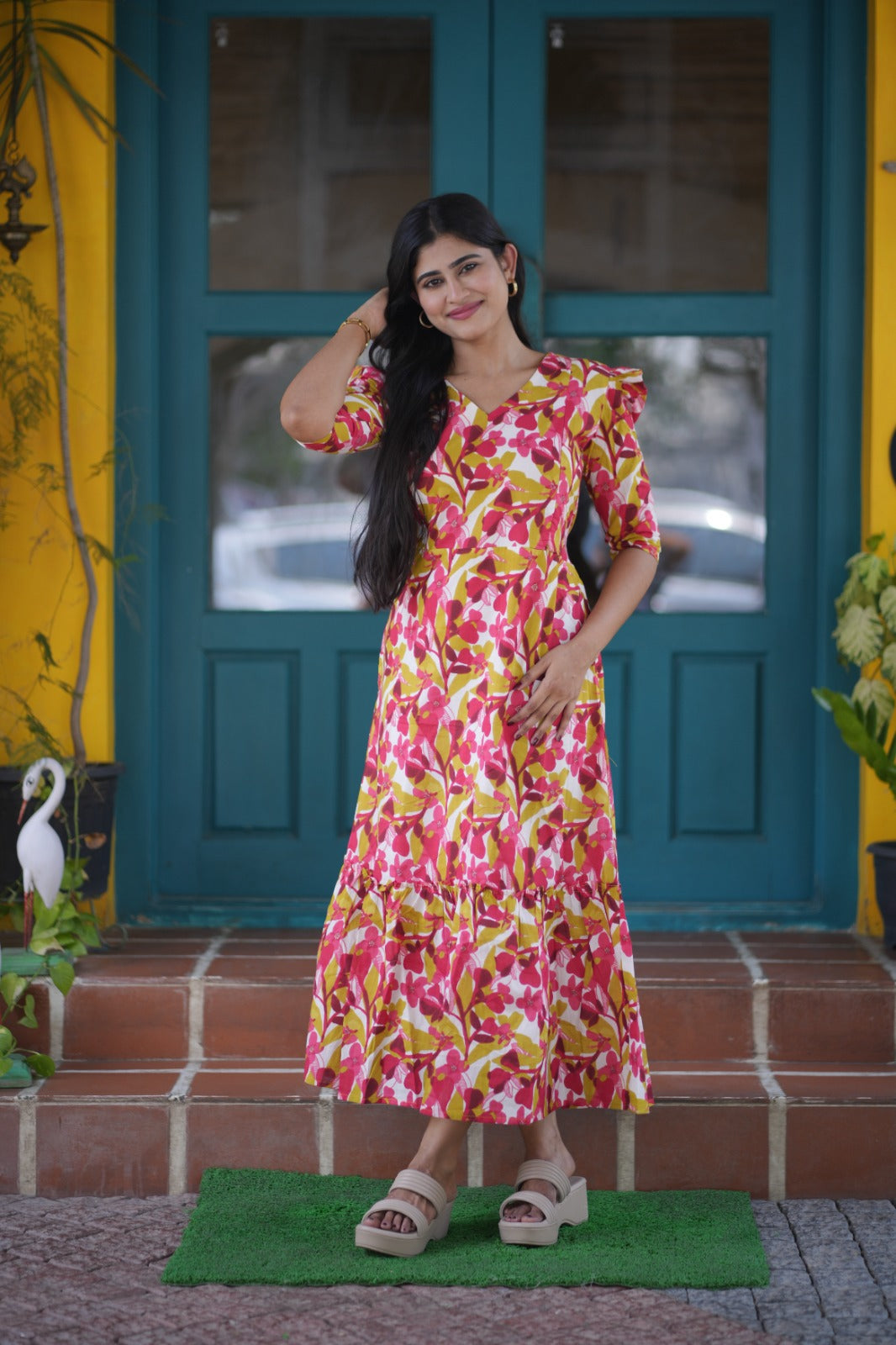 Premium Cotton Printed Aline Dress with Cotton lining (Back Elastic)FC0036