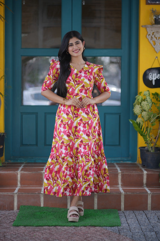 Premium Cotton Printed Aline Dress with Cotton lining (Back Elastic)FC0036
