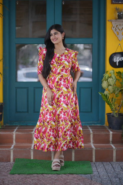Premium Cotton Printed Aline Dress with Cotton lining (Back Elastic)FC0036