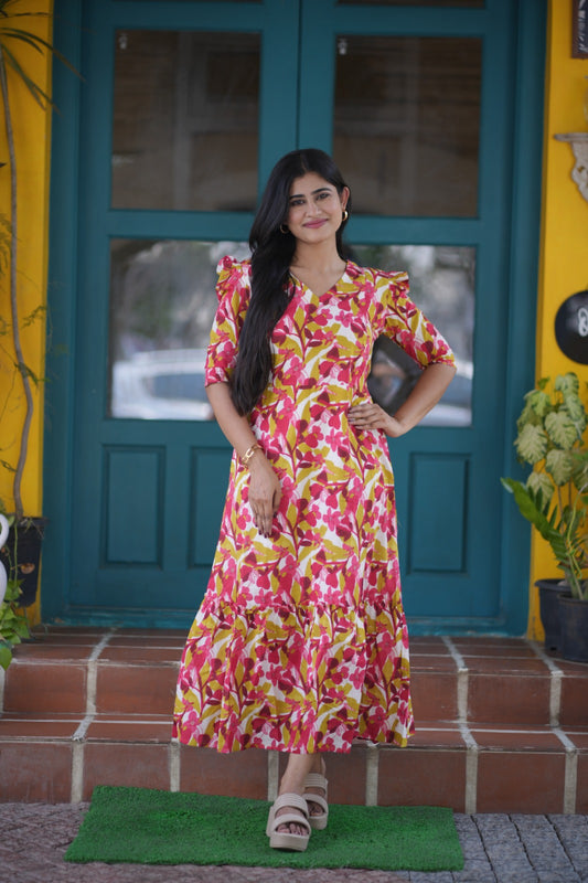 Premium Cotton Printed Aline Dress with Cotton lining (Back Elastic)FC0036