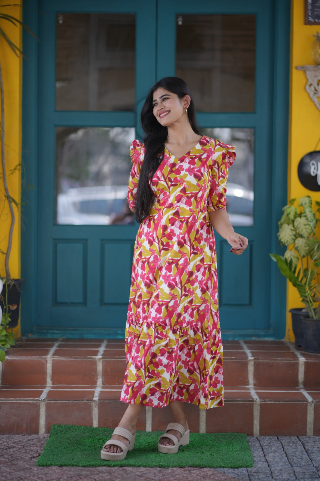 Premium Cotton Printed Aline Dress with Cotton lining (Back Elastic)FC0036