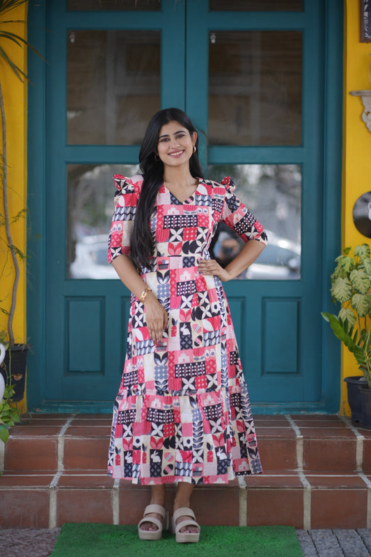 Premium Cotton Printed Aline Dress with Cotton lining (Back Elastic)FC0034
