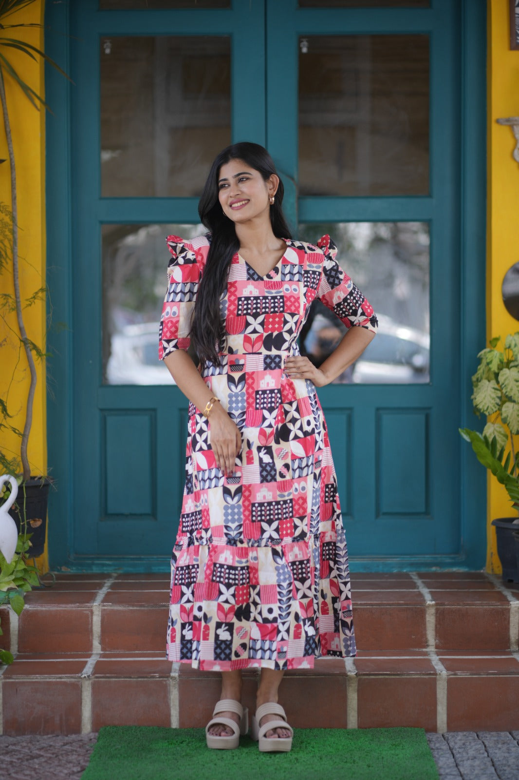 Premium Cotton Printed Aline Dress with Cotton lining (Back Elastic)FC0034
