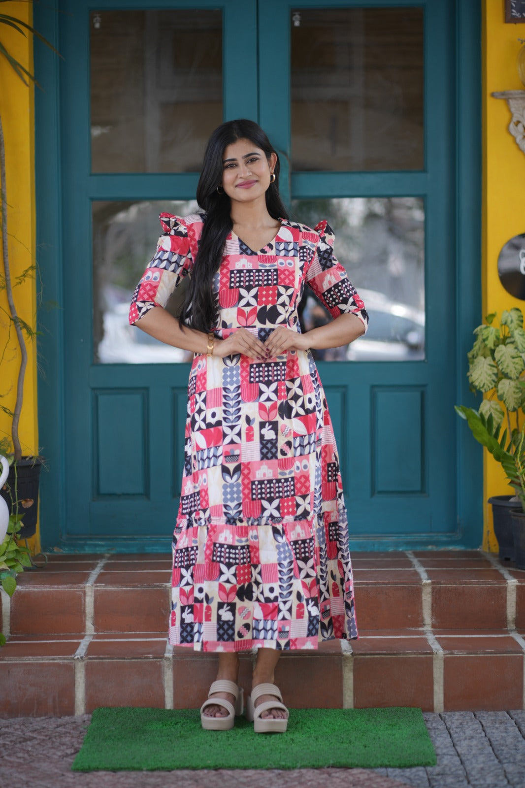 Premium Cotton Printed Aline Dress with Cotton lining (Back Elastic)FC0034