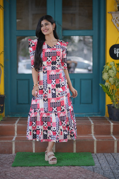 Premium Cotton Printed Aline Dress with Cotton lining (Back Elastic)FC0034
