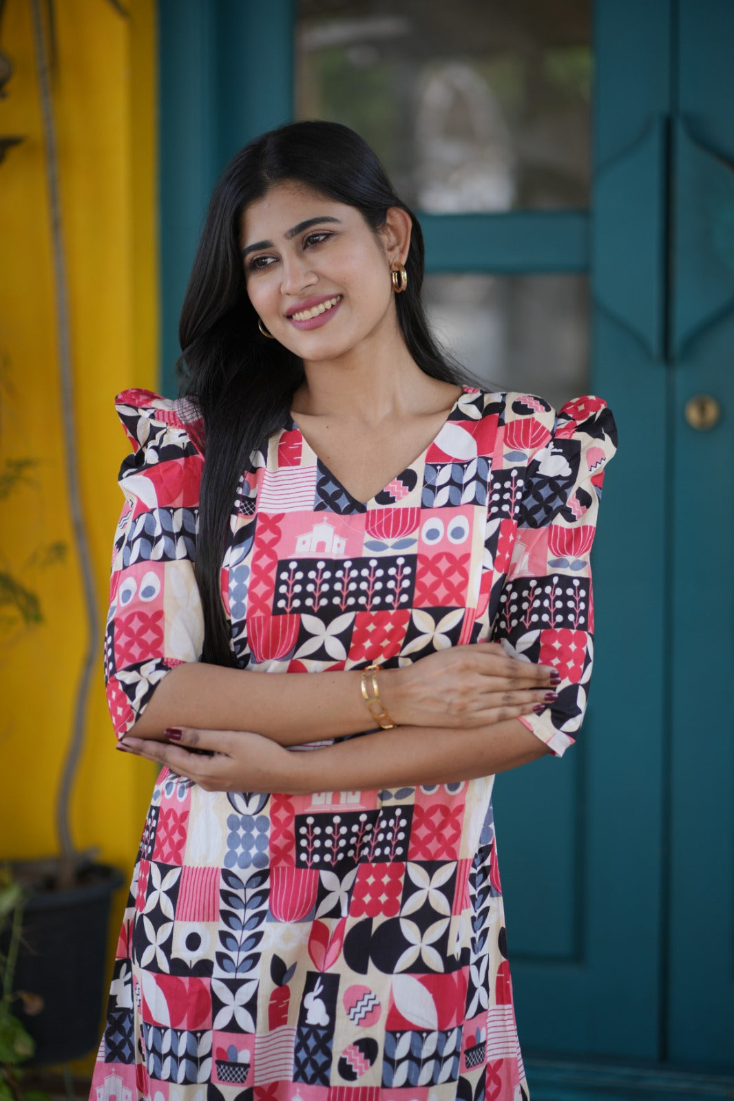 Premium Cotton Printed Aline Dress with Cotton lining (Back Elastic)FC0034