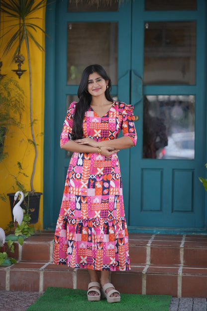 Premium Cotton Printed Aline Dress with Cotton lining (Back Elastic) FC0035