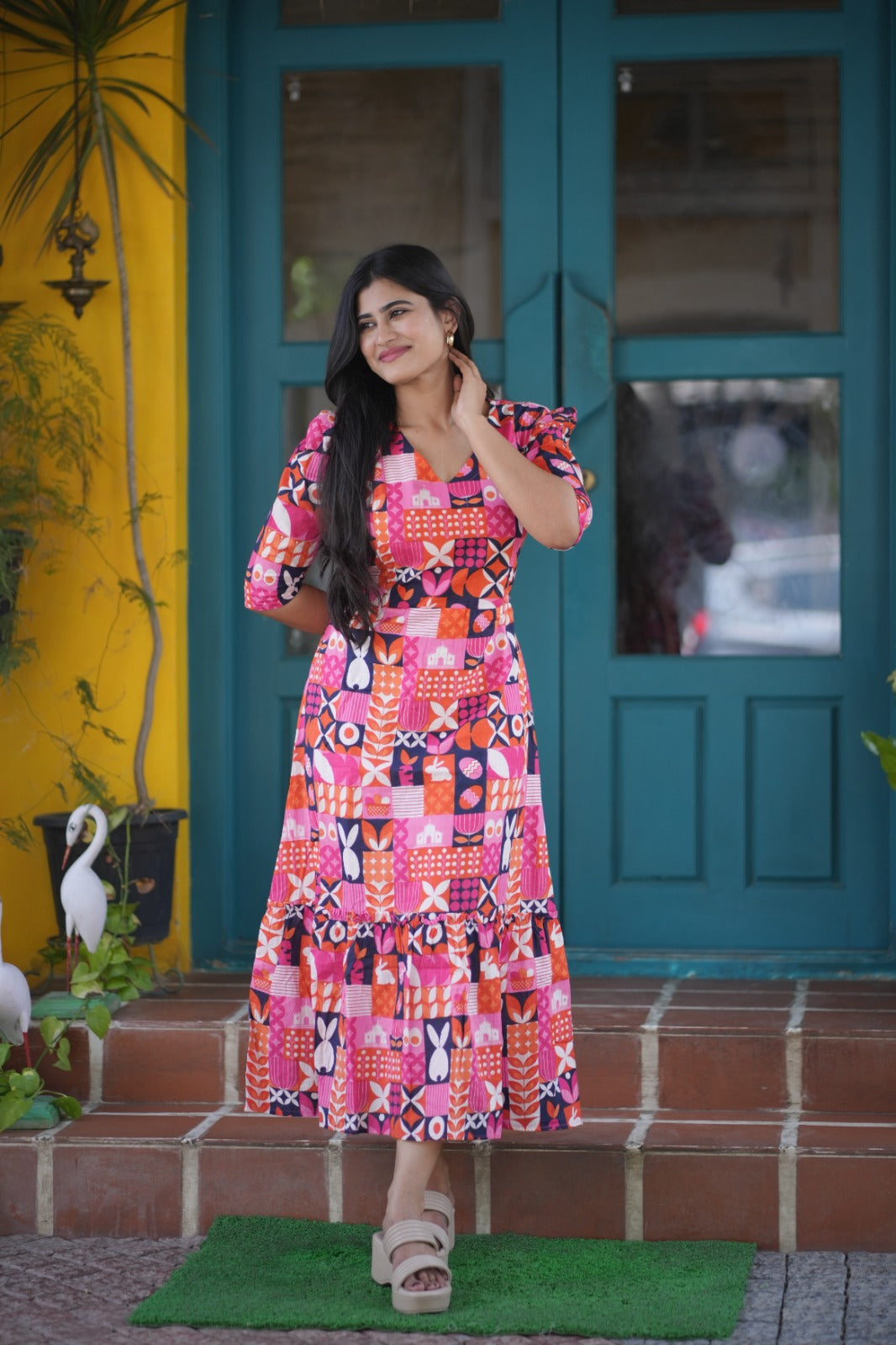 Premium Cotton Printed Aline Dress with Cotton lining (Back Elastic) F – Fashly Clothing