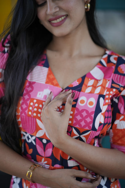 Premium Cotton Printed Aline Dress with Cotton lining (Back Elastic) FC0035
