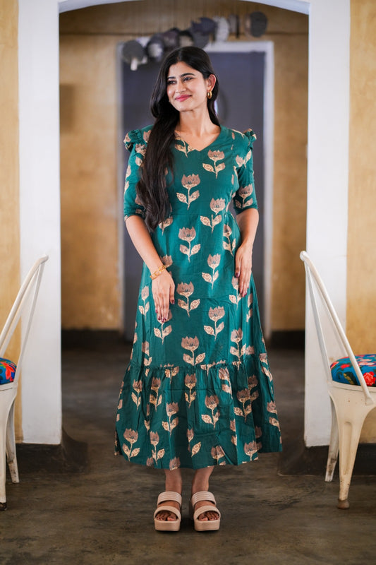 Premium Cotton Printed Aline Dress with Cotton lining (Back Elastic) FC0033