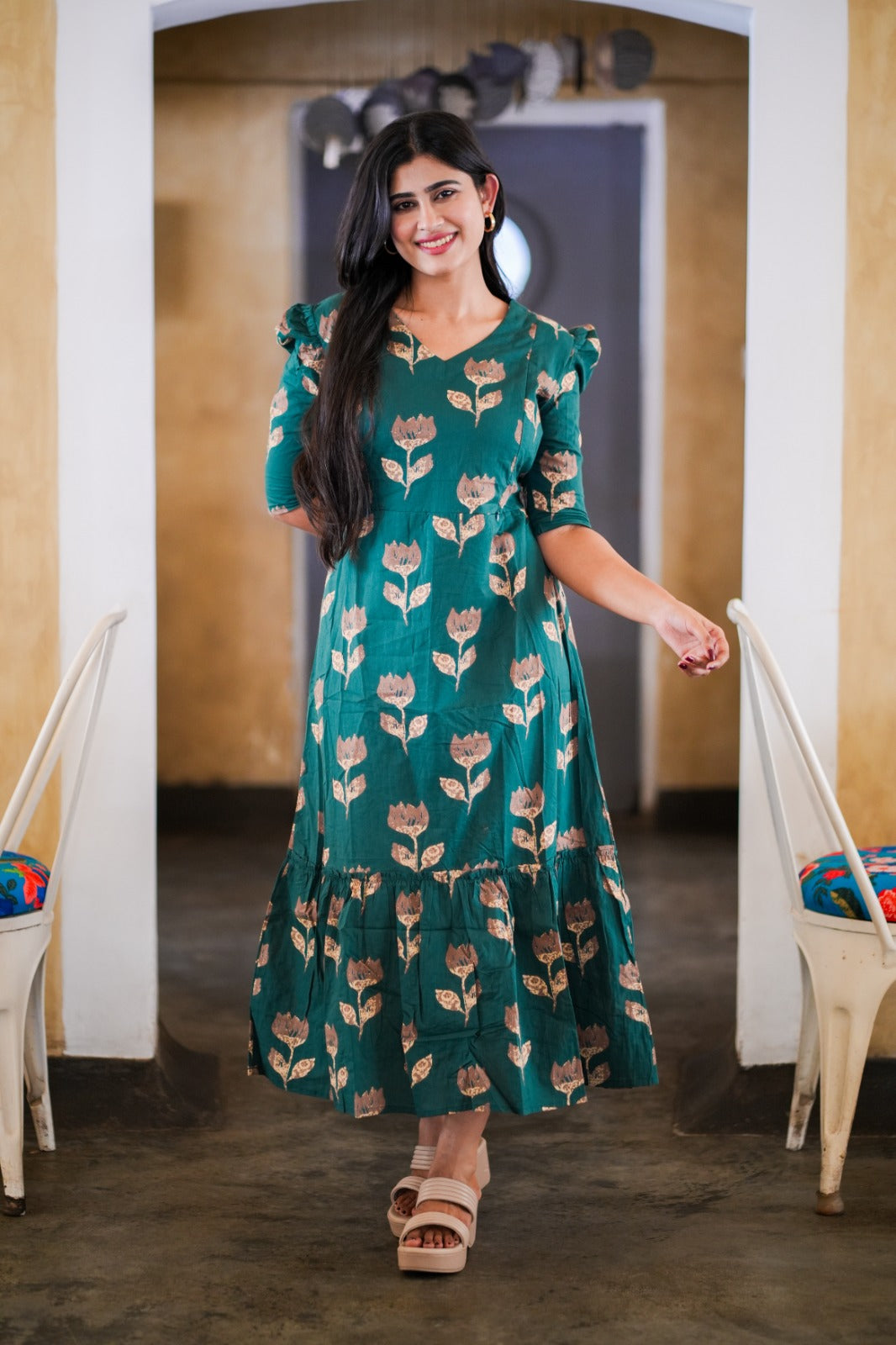 Premium Cotton Printed Aline Dress with Cotton lining (Back Elastic) FC0033
