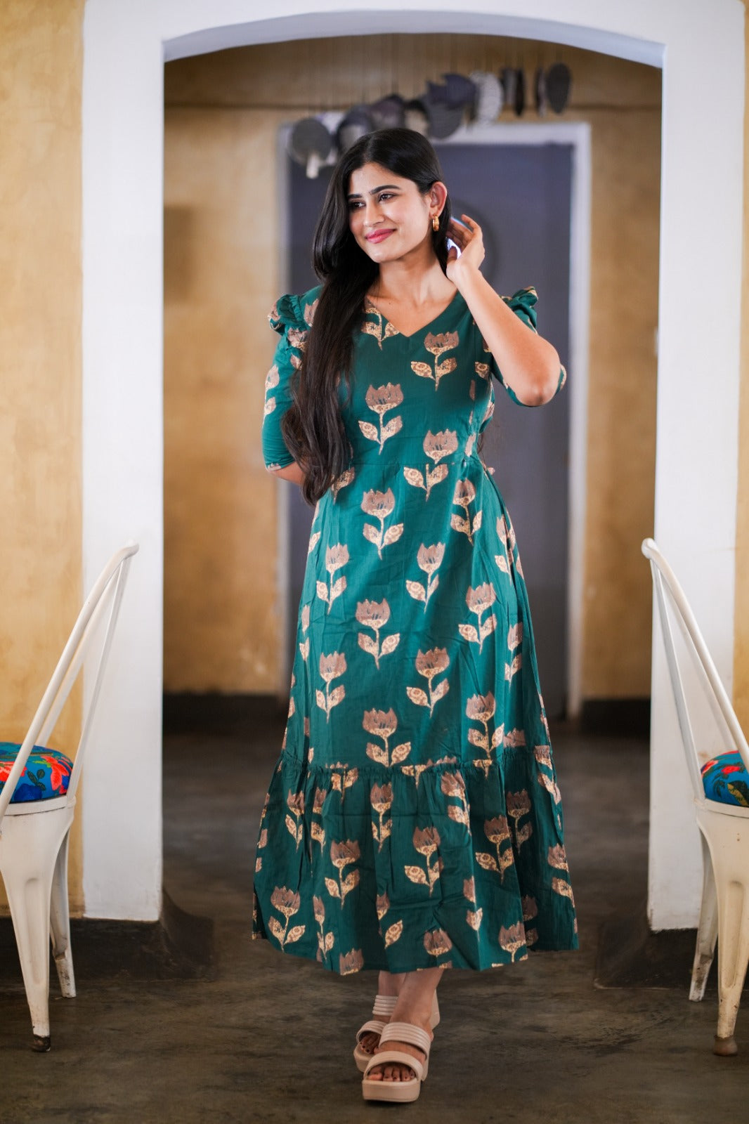 Premium Cotton Printed Aline Dress with Cotton lining (Back Elastic) FC0033