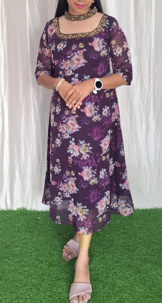 Buy 1 Get 1 Free Jewel neck  Handwork Kurti with Lining ( Non Feeding only)-043