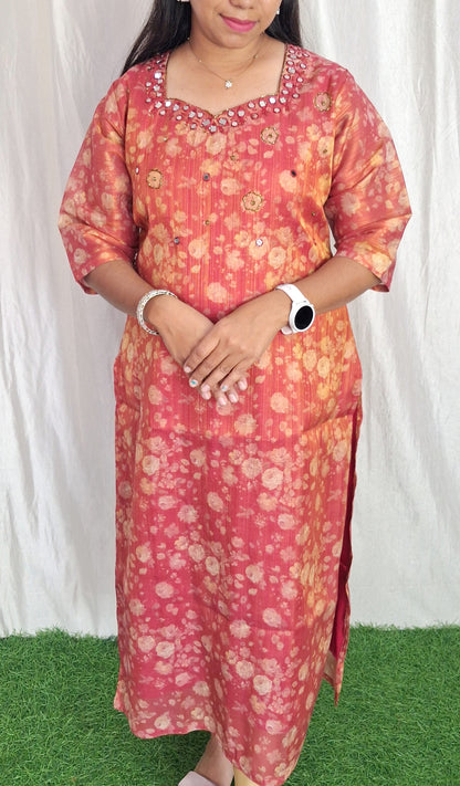 Handwork Tissue Kurti with Lining ( Non Feeding only)-014
