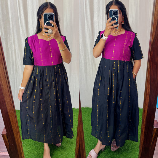 Premium Ethnic Raw Silk Butta Maxi-Feeding(With Lining)