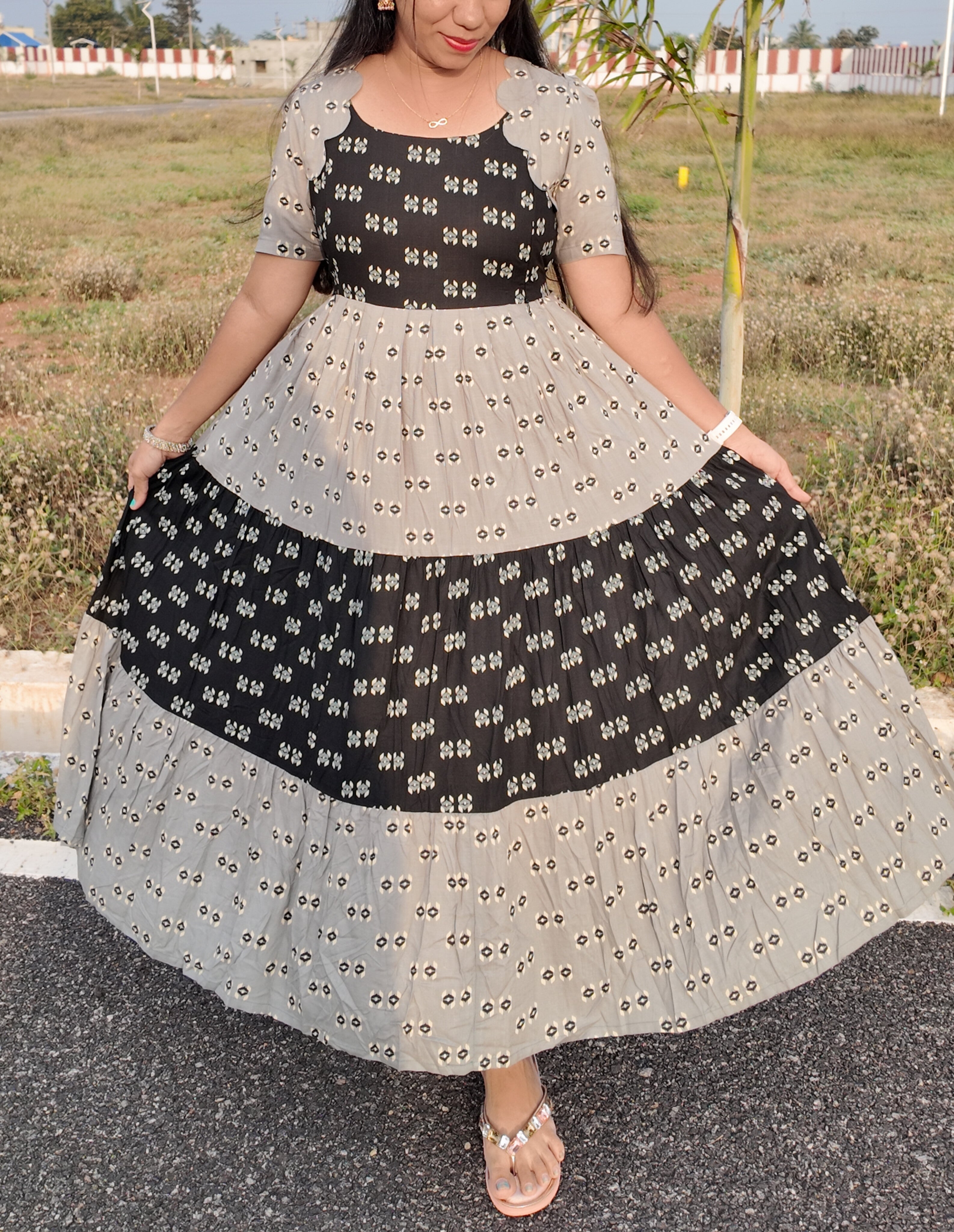 Black/Grey-Premium Cotton Blend Flex Fabric  Maxi with Cotton lining 025