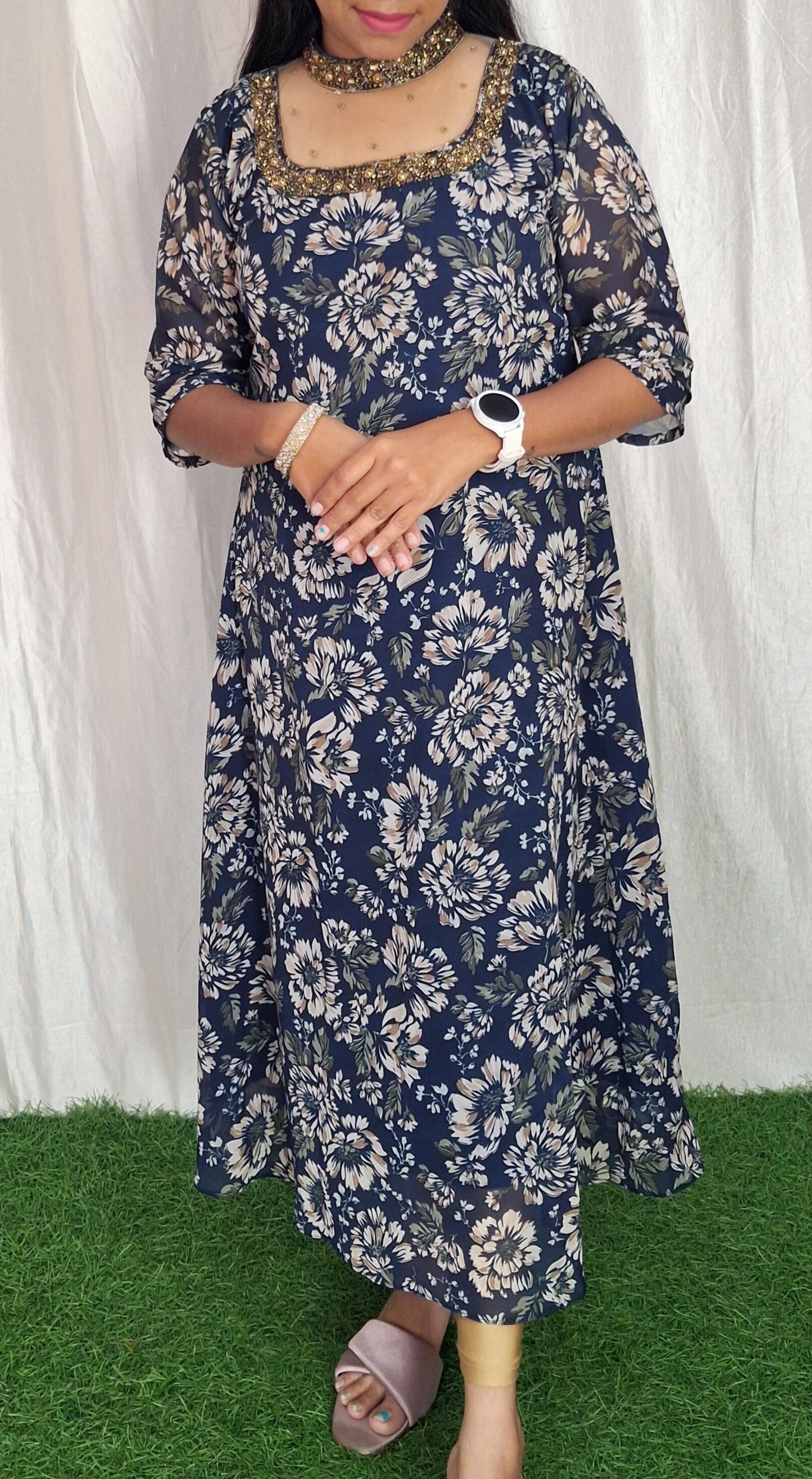 Jewel neck  Handwork Kurti with Lining ( Non Feeding only)-044