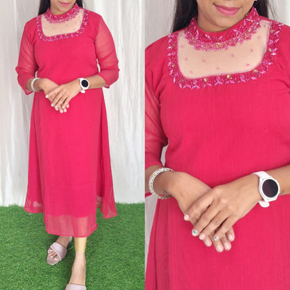 Jewel neck  Handwork Kurti with Lining ( Non Feeding only)