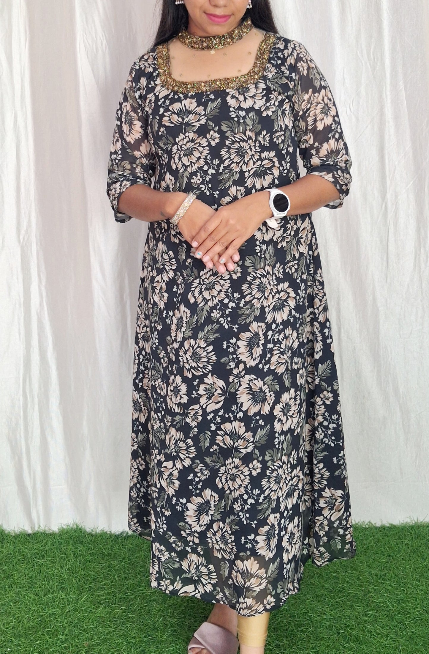Georgette Printed work Jewel Neck Kurti (with Lining) ( Non Feeding only)-109