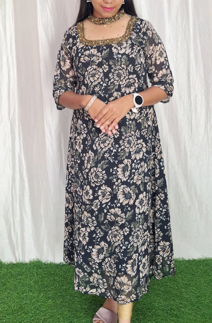 Georgette Printed work Jewel Neck Kurti (with Lining) ( Non Feeding only)-109