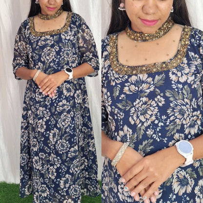 Jewel neck  Handwork Kurti with Lining ( Non Feeding only)-044