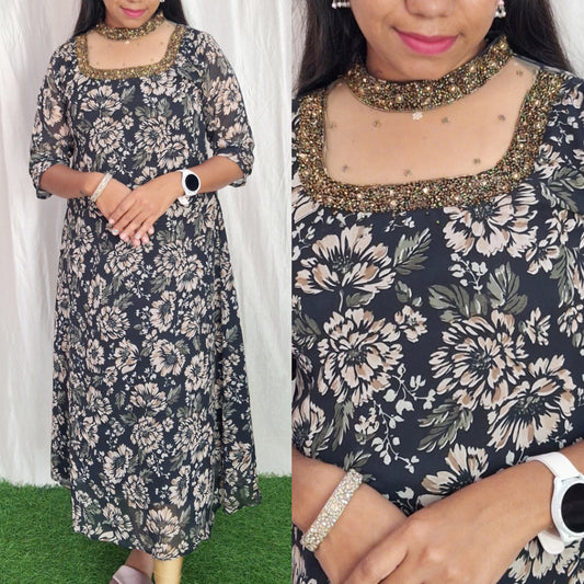 Buy 1 Get 1 Free Georgette Printed work Jewel Neck Kurti (with Lining) ( Non Feeding only)-109