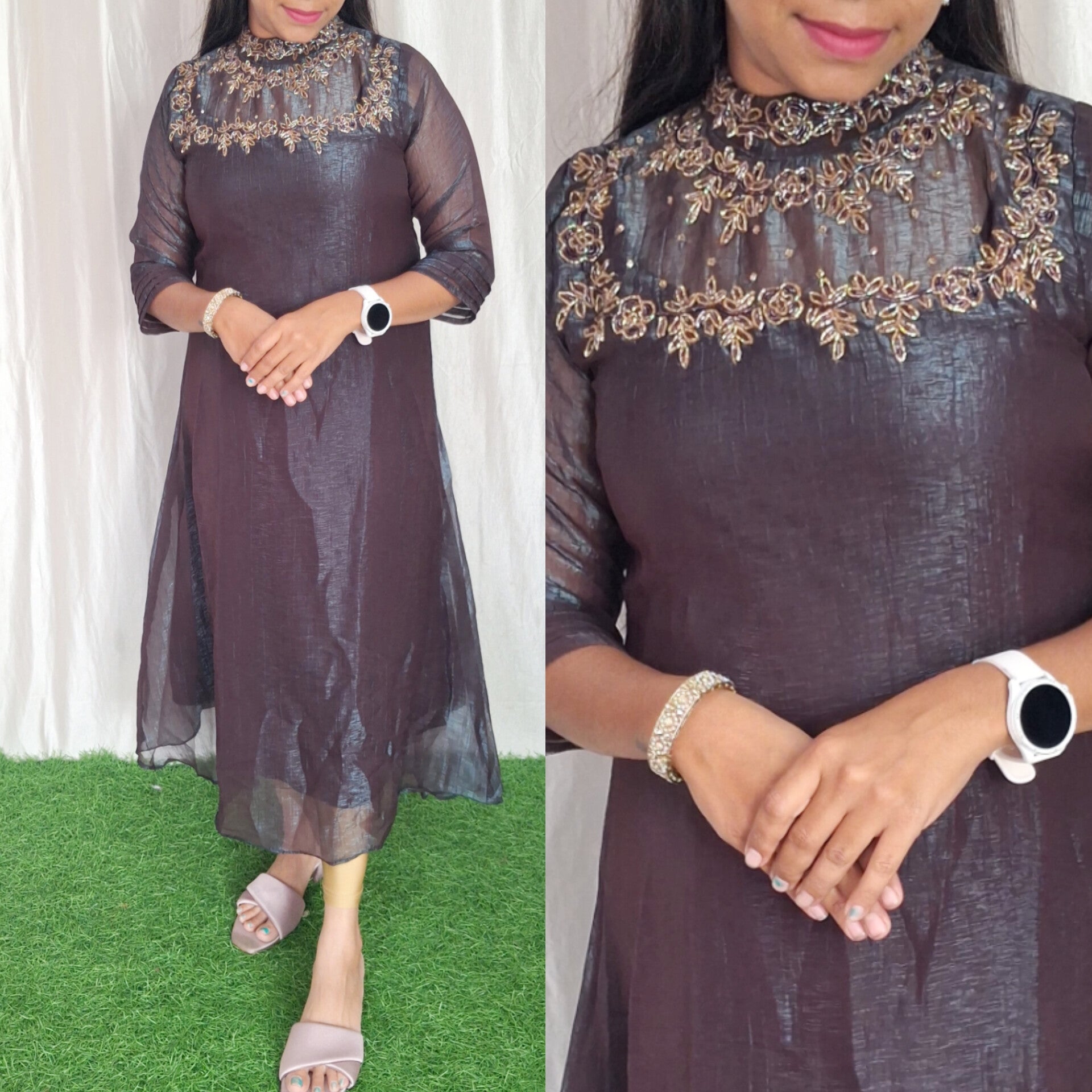 Buy 1 Get 1 Free Jewel neck  Handwork Kurti with Lining ( Non Feeding only)-025