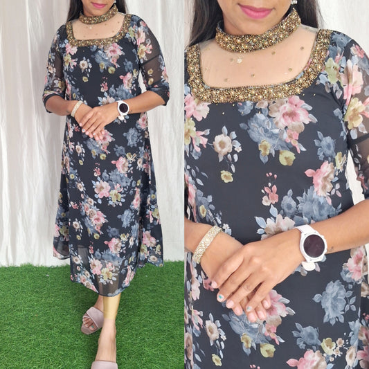 Buy 1 Get 1 Free Jewel neck  Handwork Kurti with Lining ( Non Feeding only)-045