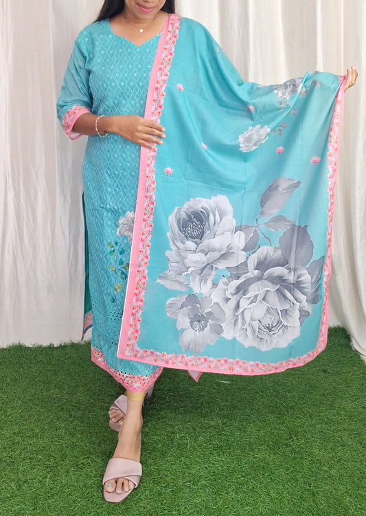 Buy 1 Get 1 Free Chikan Cotton Kurti with Duppata (with Lining) ( Non Feeding only)-054