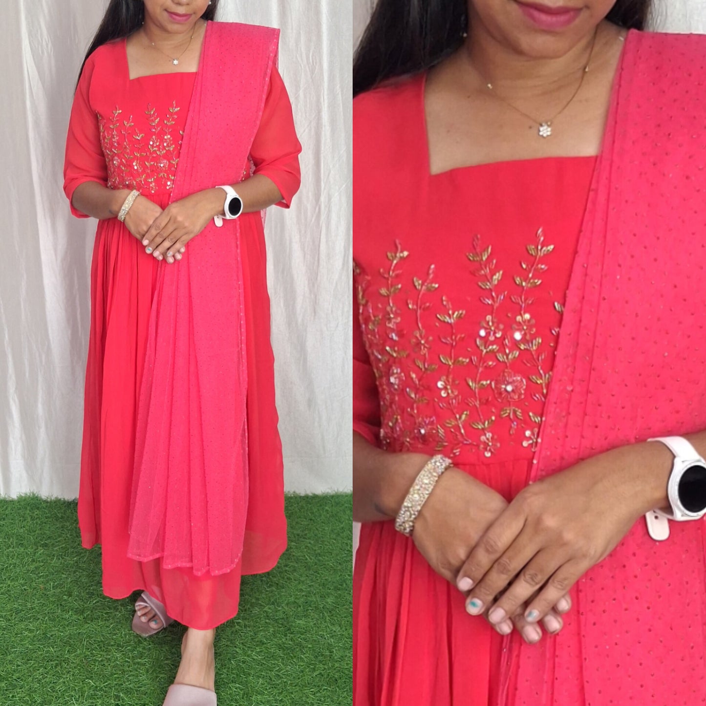 Handwork Georgette Dress with Net Duppata (with Lining) ( Non Feeding only)-040