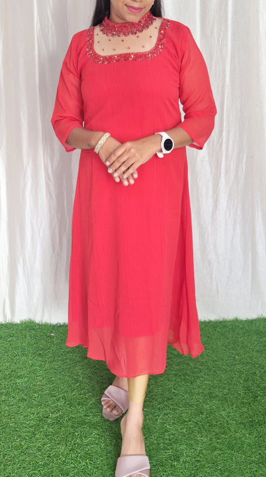 Buy 1 Get 1 Free Jewel neck  Handwork Kurti with Lining ( Non Feeding only)-047