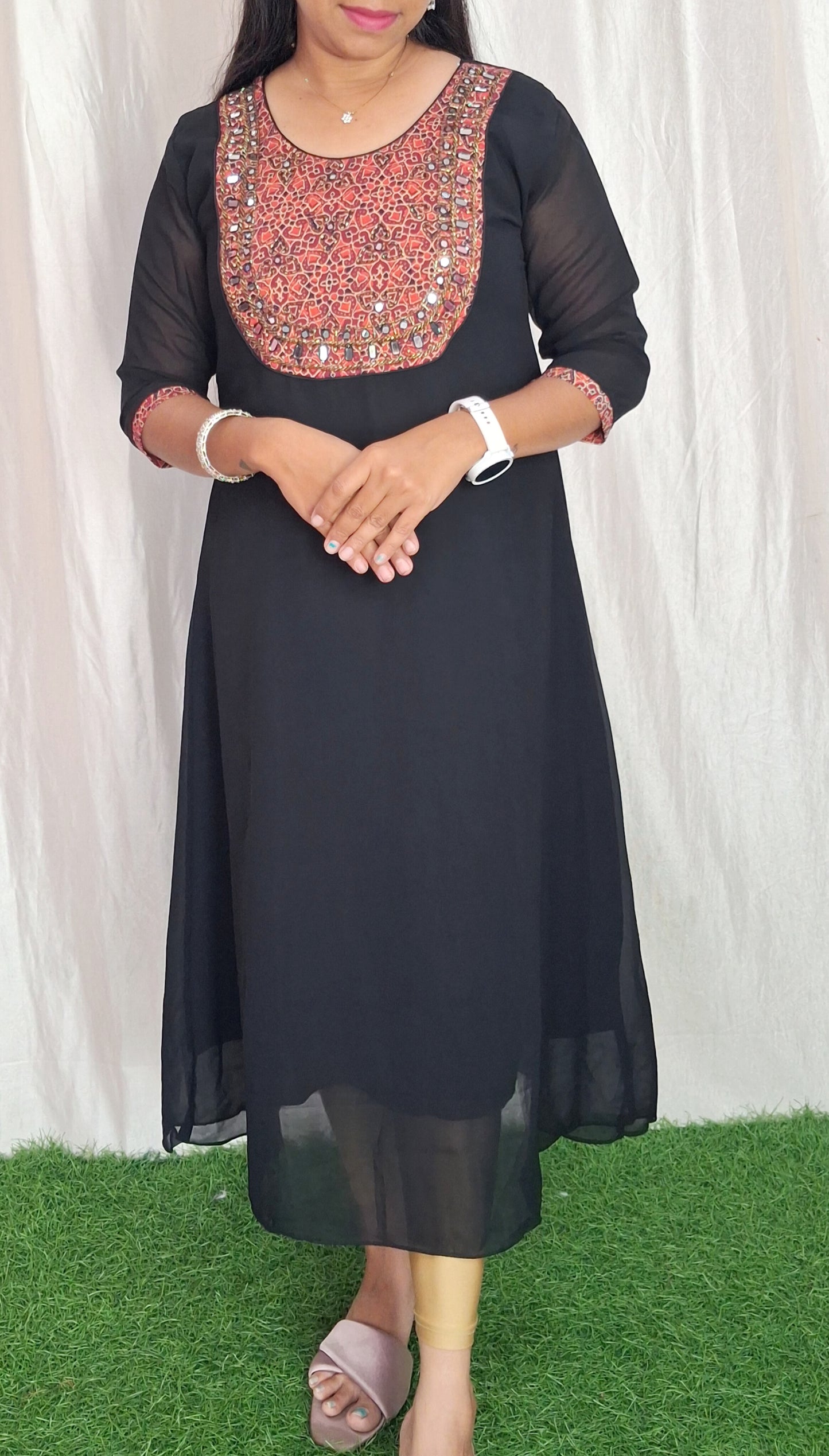 Handwork Georgette Dress with Lining ( Non Feeding only)-034