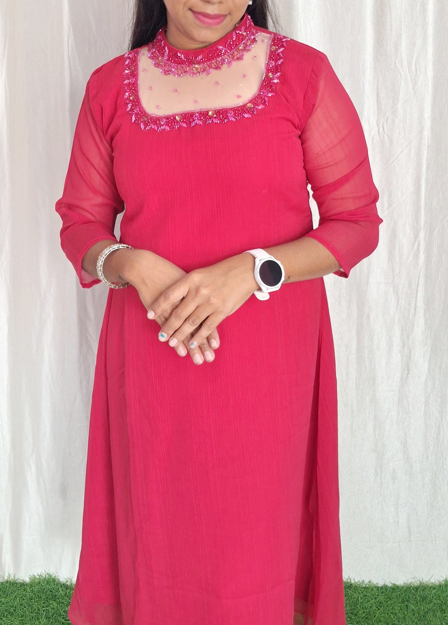 Jewel neck  Handwork Kurti with Lining ( Non Feeding only)