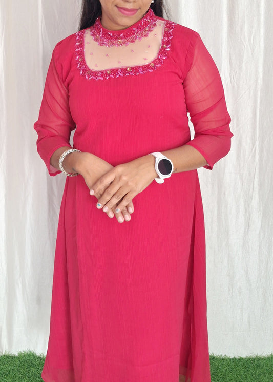 Buy 1 Get 1 Free Jewel neck  Handwork Kurti with Lining ( Non Feeding only)