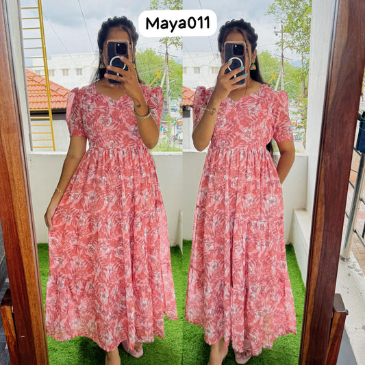 Maya011 Maxi(2nd Launch)-Feeding/Non feeding-Premium Heavy quality Georgette 3-Tier Maxi (With Lining)