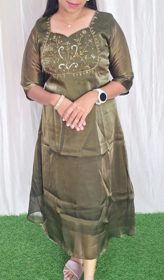Organza silk handwork Kurti (with Lining) ( Non Feeding only)
