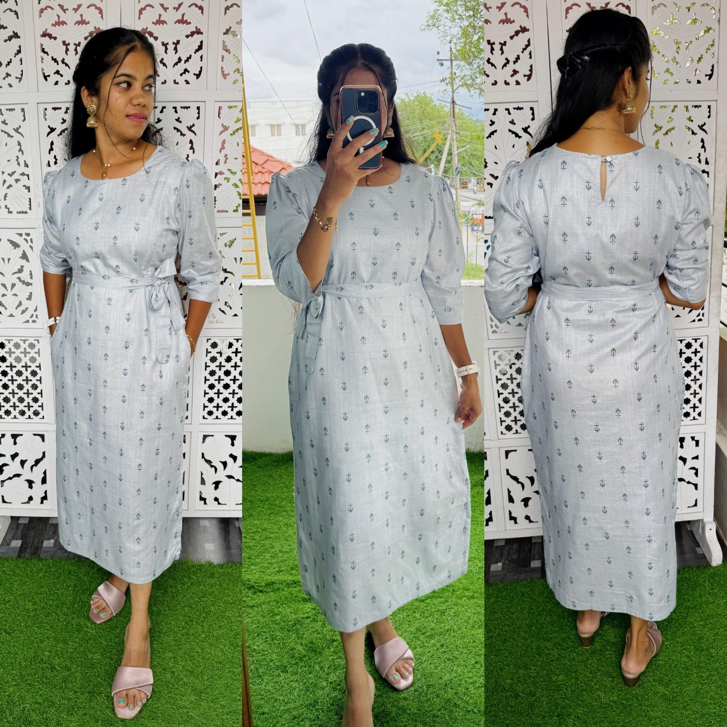 Feeding Premium Handloom Cotton fabric Aline Dress with belt ( with Lining) FC0156