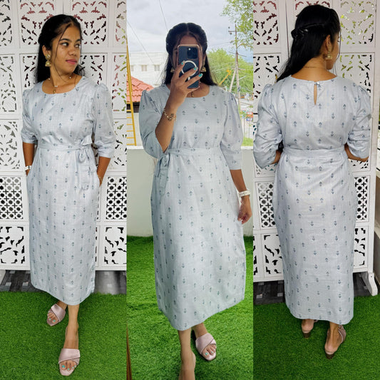 Feeding Premium Handloom Cotton fabric Aline Dress with belt ( with Lining) FC0156